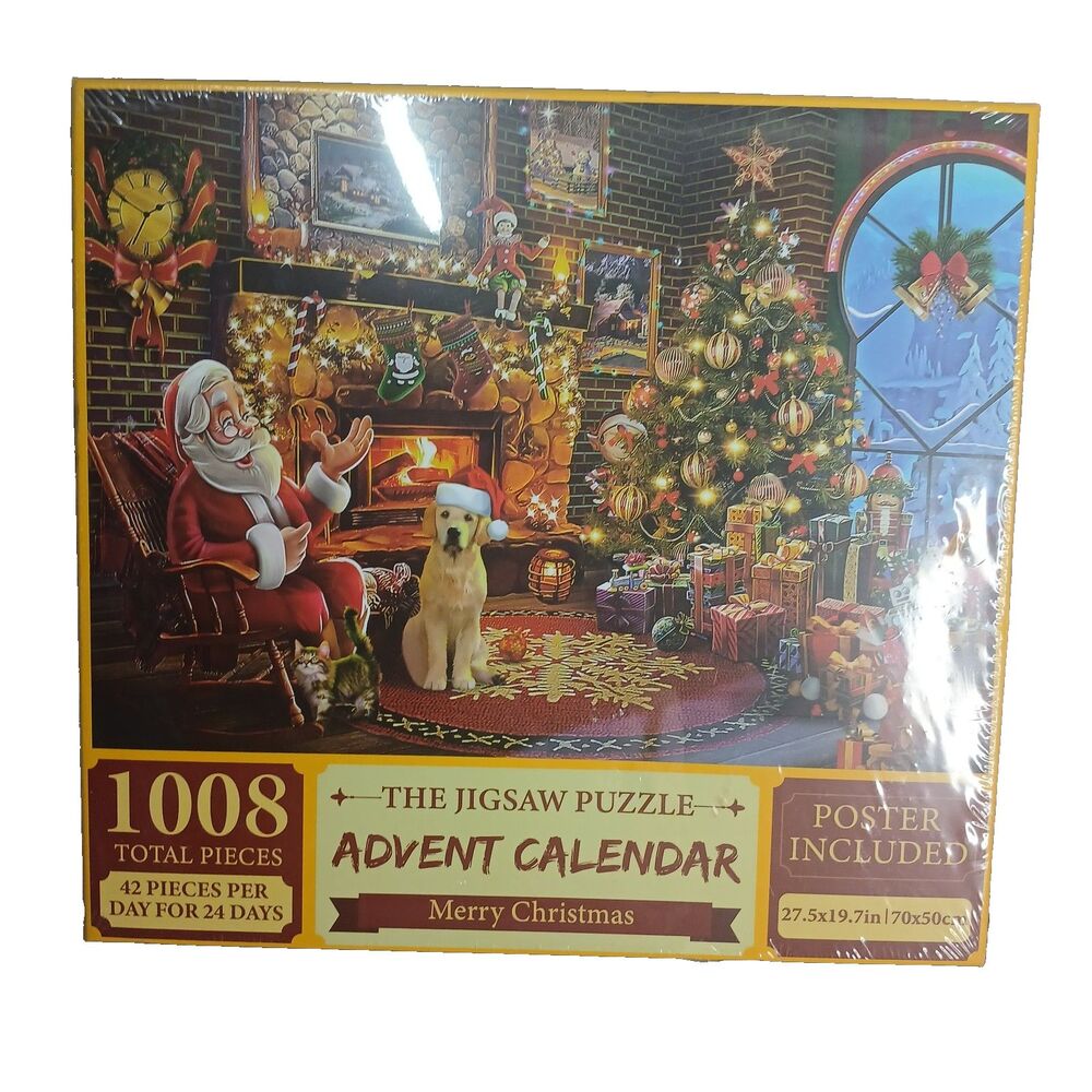 The Jigsaw Puzzle Advent Calender 1008 Pieced Santa Golden Retriever Poster NEW